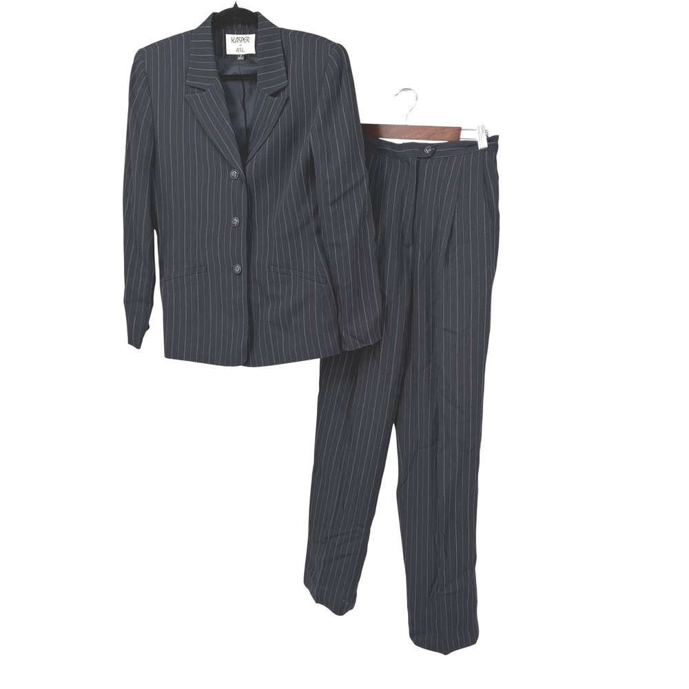 Kasper for ASL Womens 8 Suit Blazer Trousers Pants Pinstripe Navy Blue 3-Button